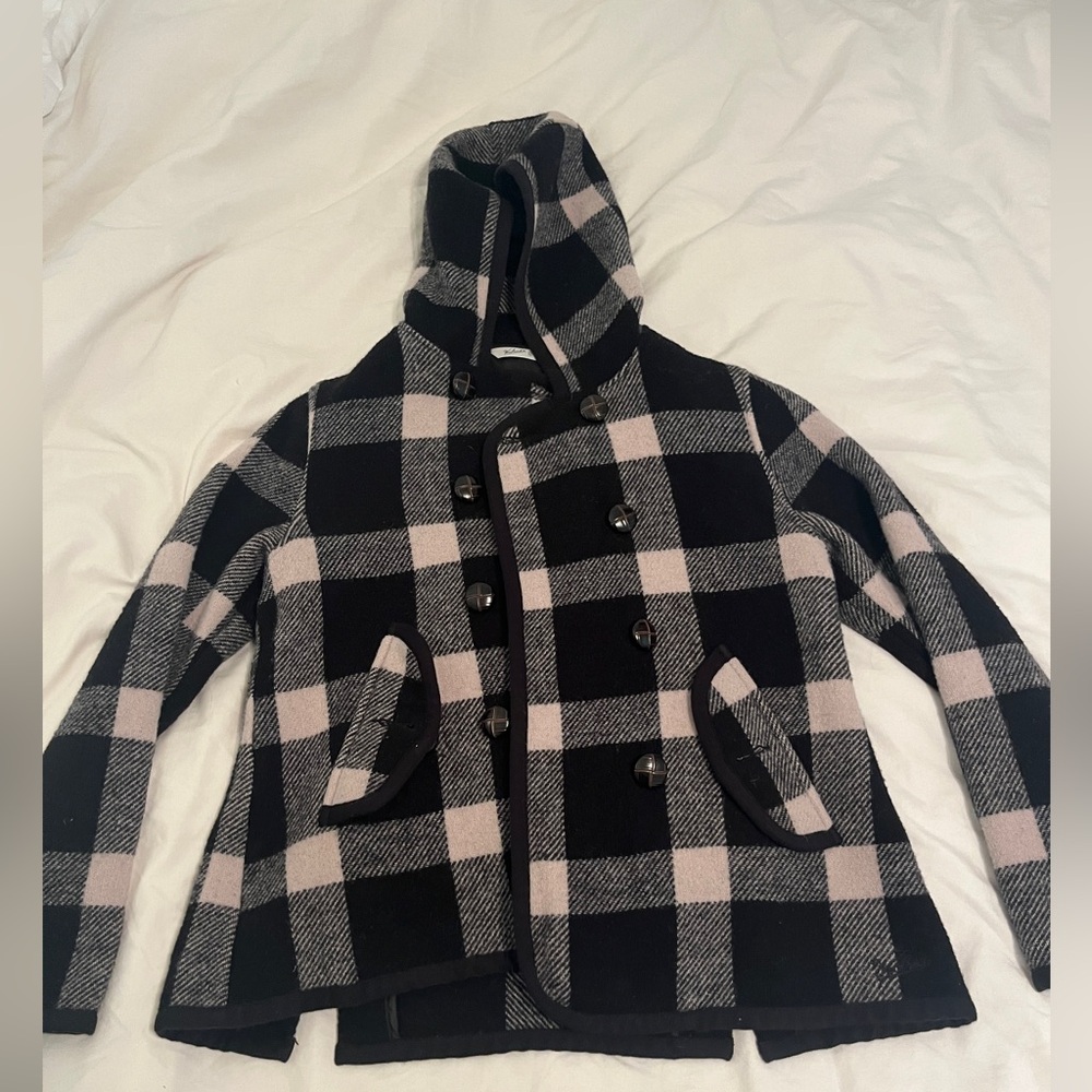 Woolrich Black and Light Pink Plaid Hooded Pea Coat